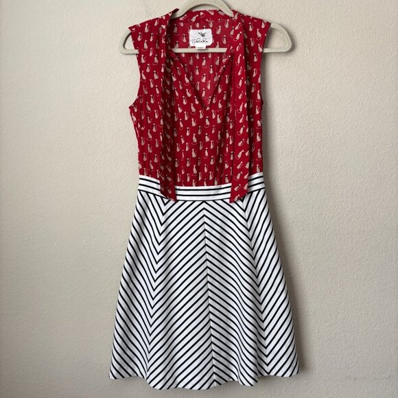 Anthropologie Tabitha Cat Gatto Printed Novelty Dress Striped Tie Neck HTF Rare - Picture 3 of 15